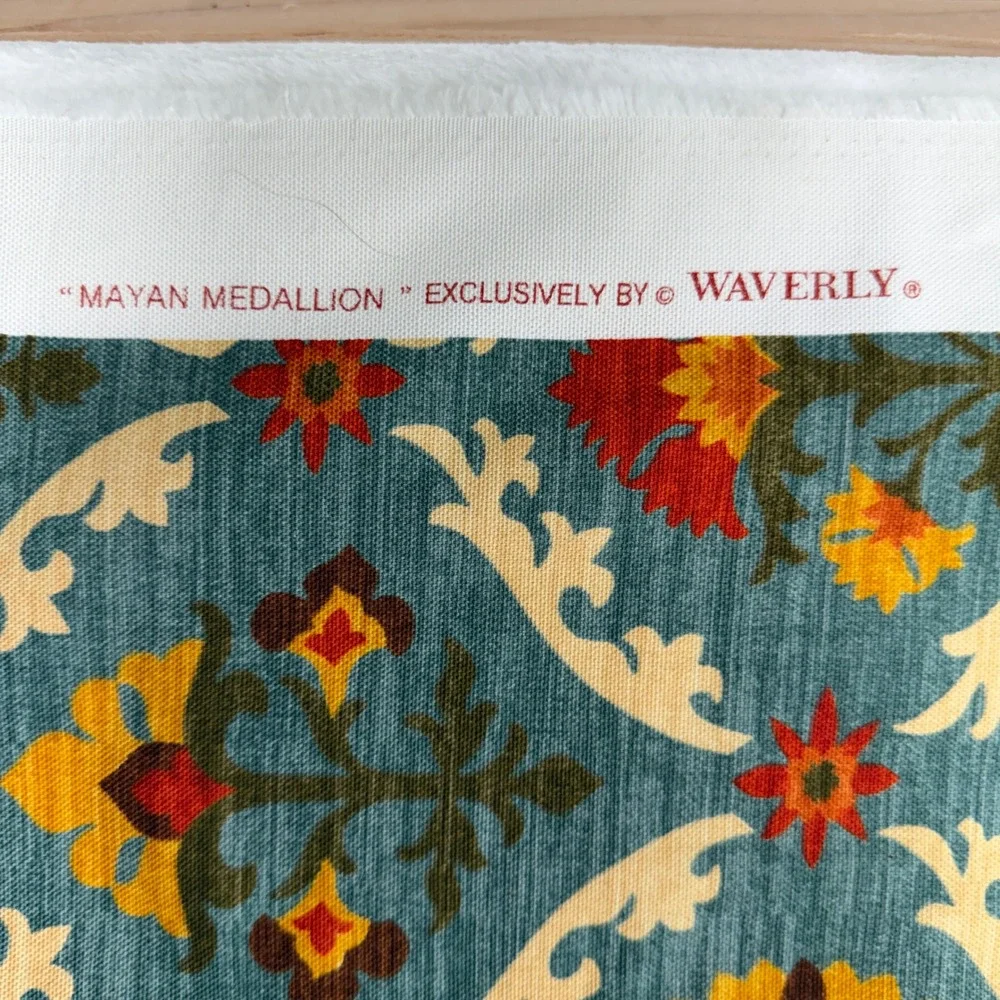 Waverly Mayan Medallion Upholstery Fabric Remnant Floral Teal Orange Red 1.5 Yd